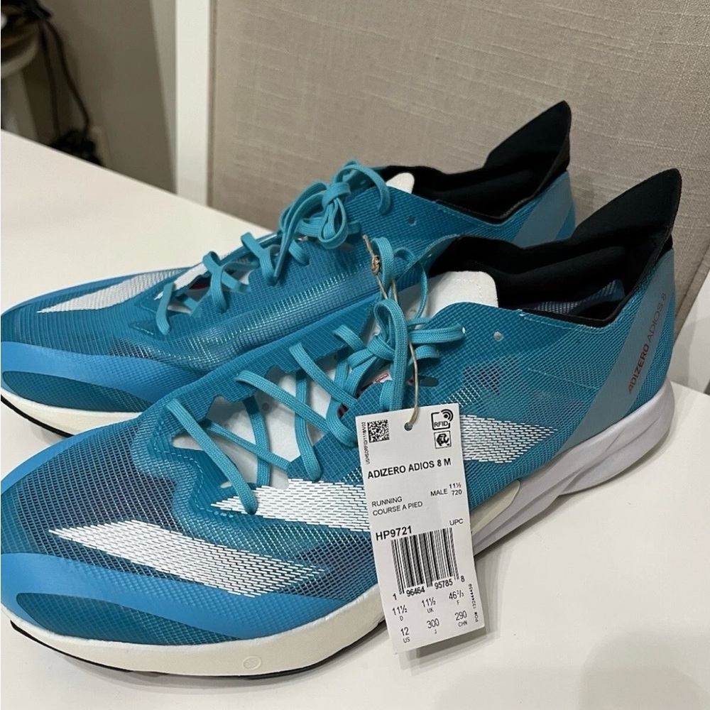 Men's Adidas Adizero Adios 8 Running Shoe  - Lucid Cyan White - HP9721 - Size 12